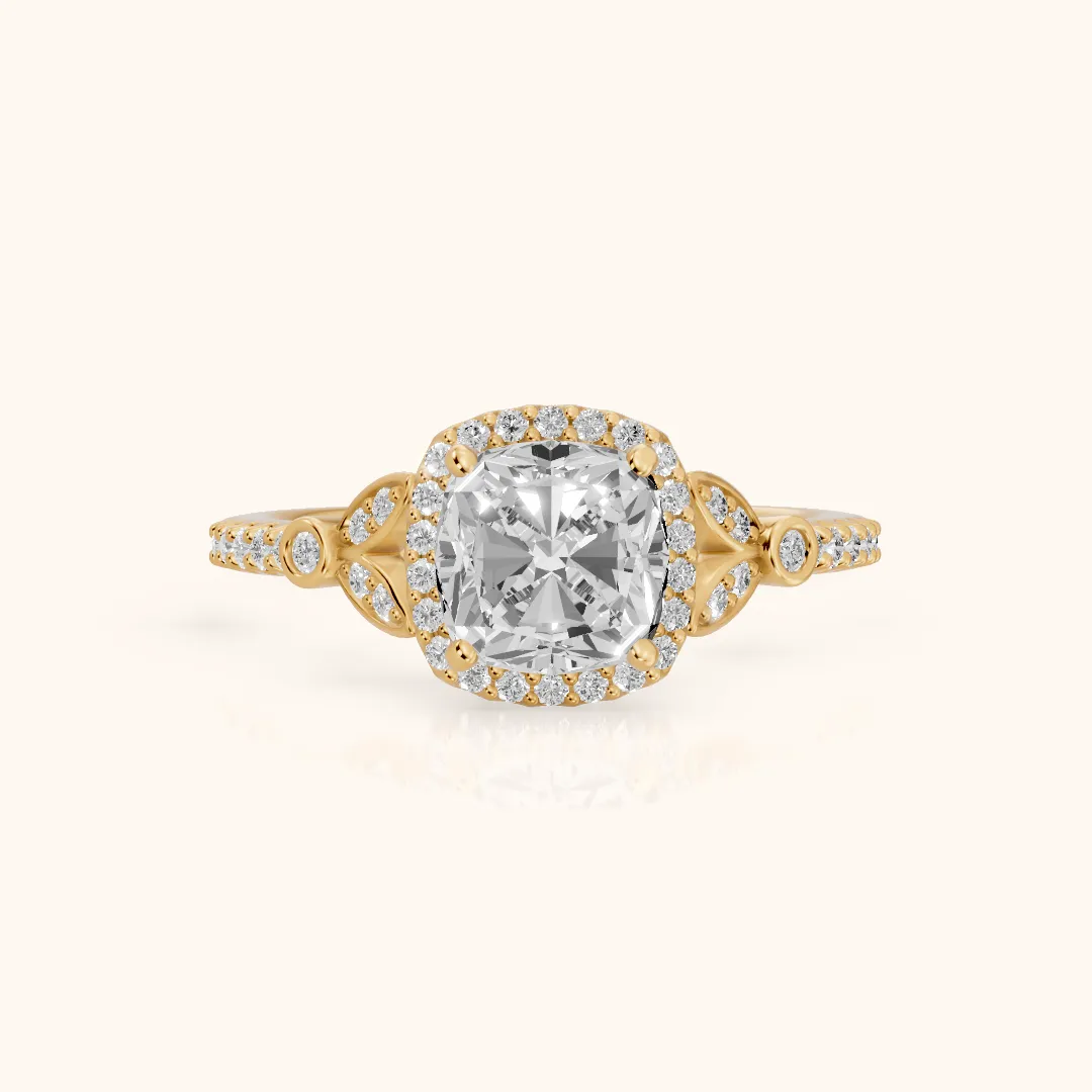Sitka Leaf Halo Cushion Diamond Engagement Ring in Yellow Gold — view 2