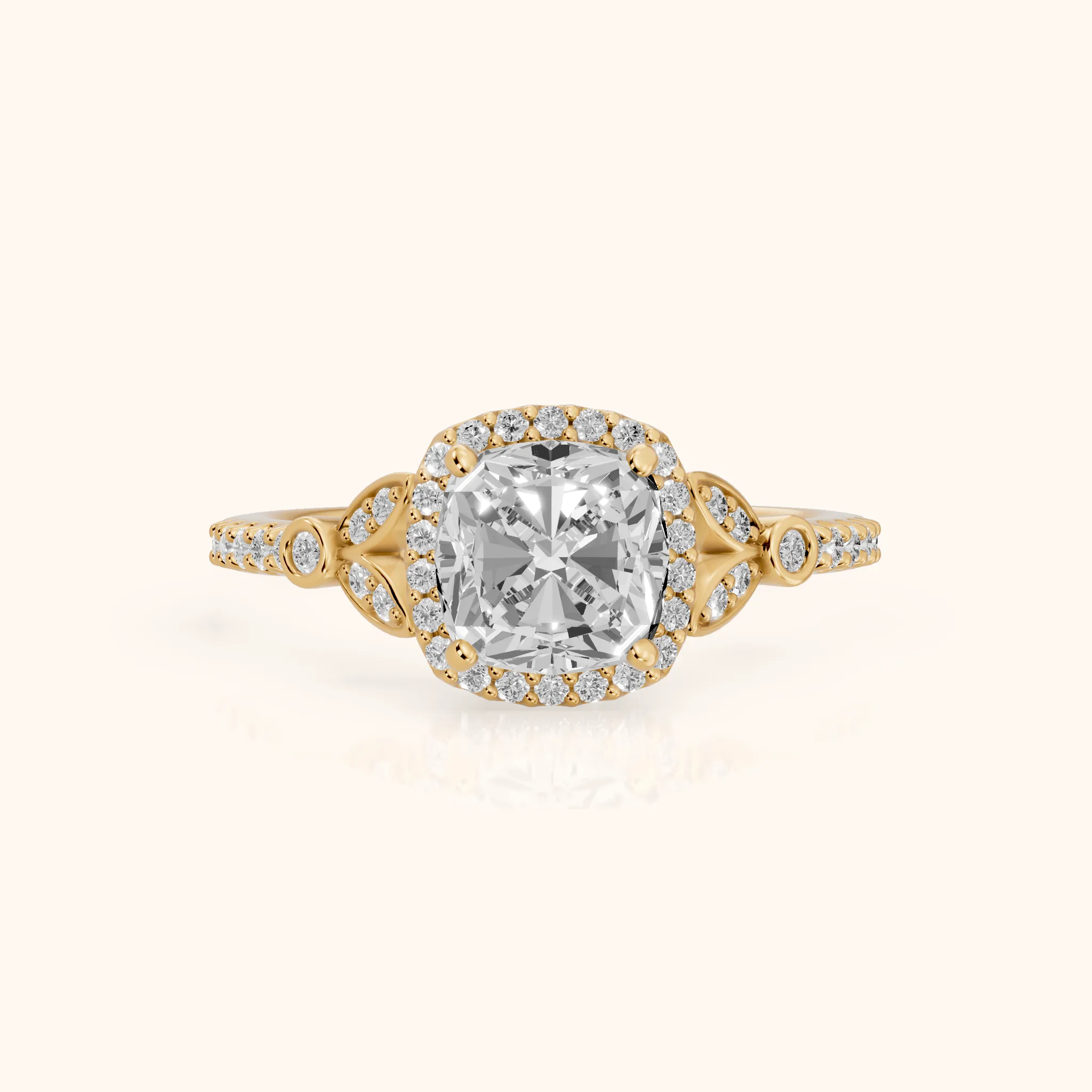 Sitka Leaf Halo Cushion Diamond Engagement Ring in Yellow Gold — view 1