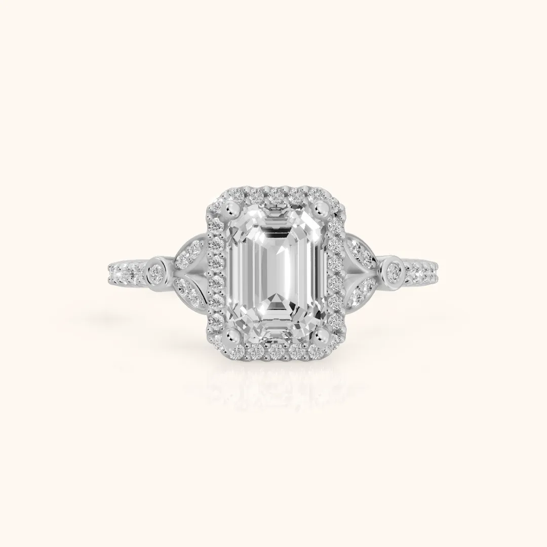 Sitka Leaf Halo Emerald Diamond Engagement Ring in Platinum — view 2