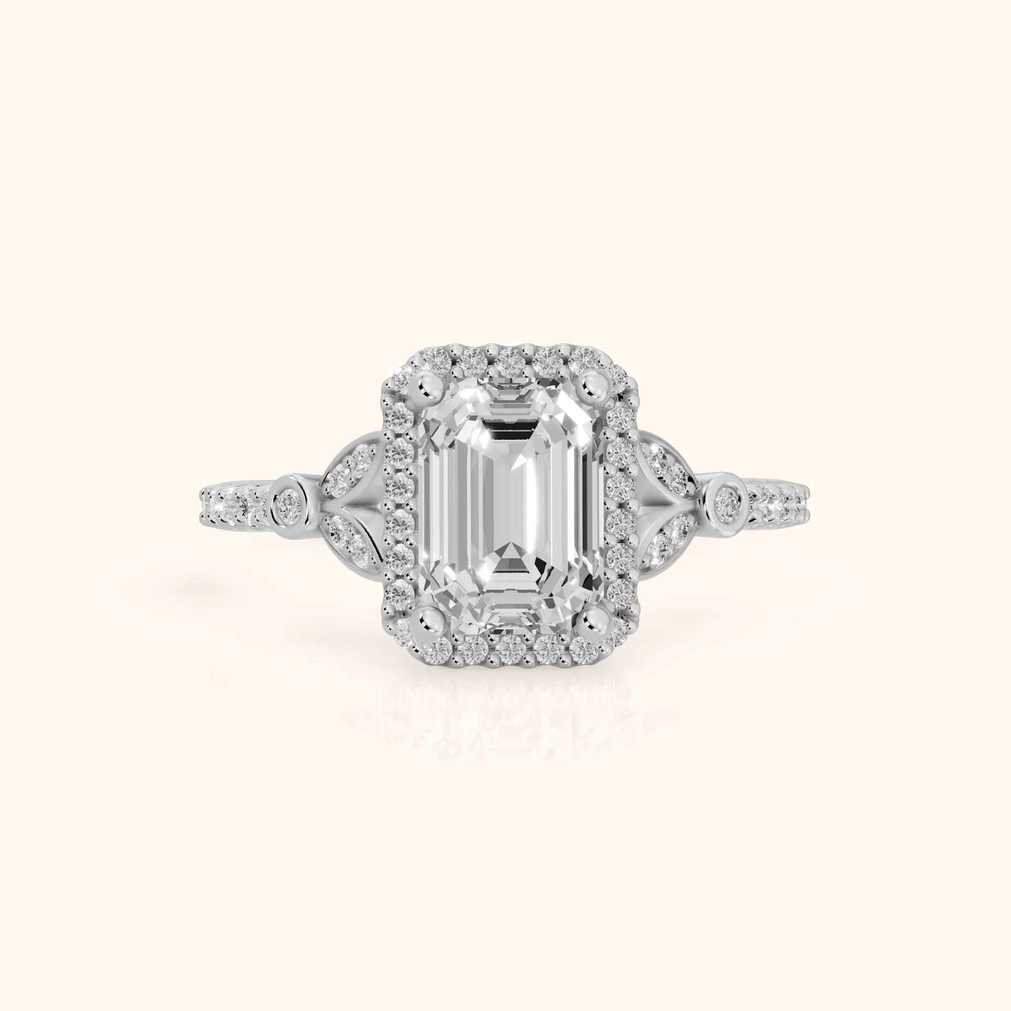 Sitka Leaf Halo Emerald Diamond Engagement Ring in Platinum — view 1