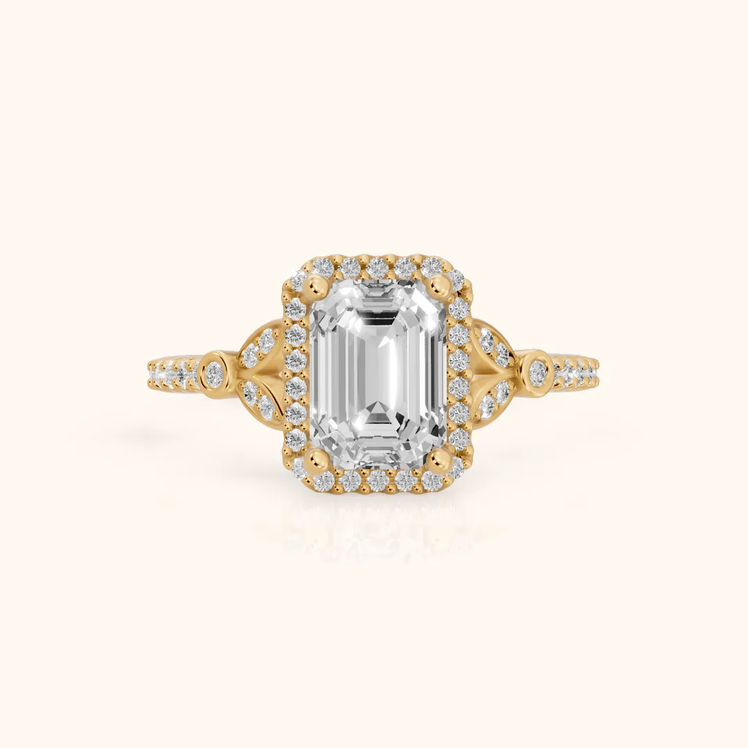Sitka Leaf Halo Emerald Diamond Engagement Ring in Yellow Gold — view 2