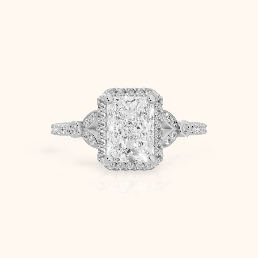 Sitka Leaf Halo Radiant Diamond Engagement Ring in Platinum — view 2