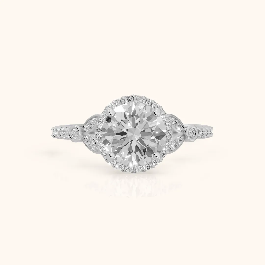 Sitka Leaf Halo Round Diamond Engagement Ring in Silver — view 2