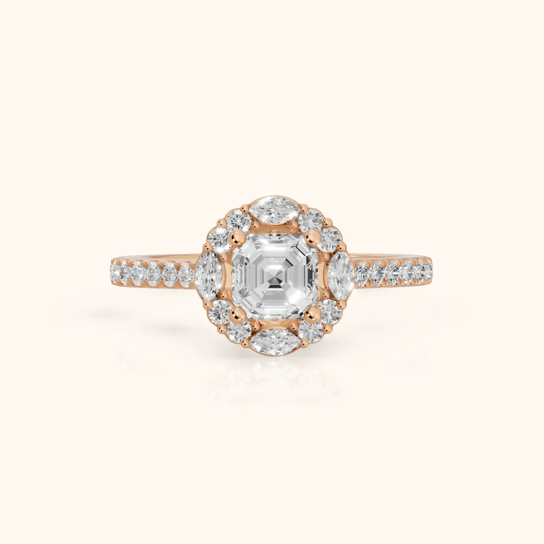 Edina Floral Halo Asscher Diamond Engagement Ring in Rose Gold — view 2