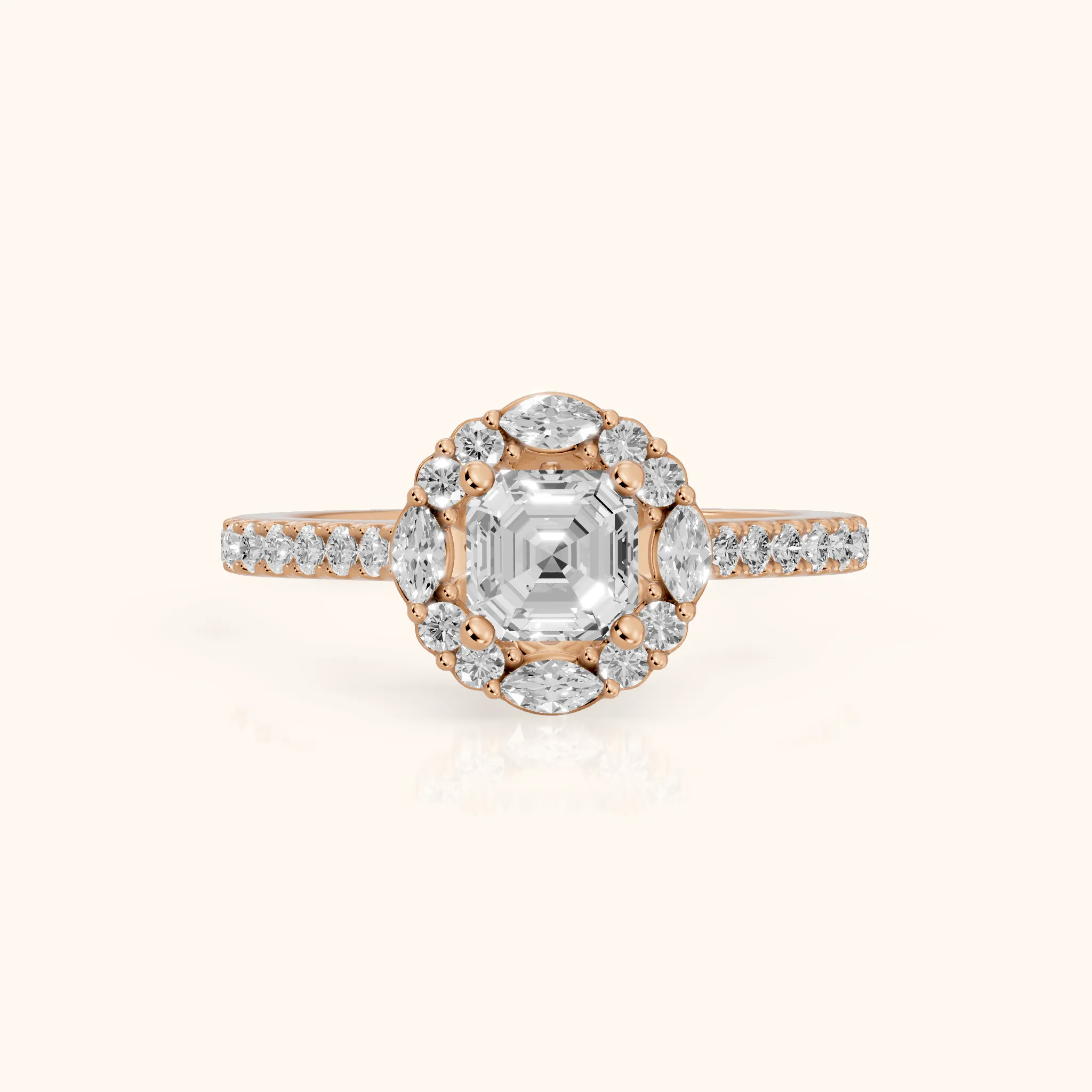 Edina Floral Halo Asscher Diamond Engagement Ring in Rose Gold — view 1