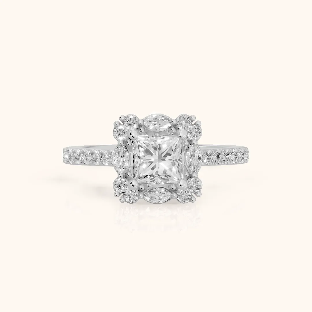 Edina Floral Halo Princess Diamond Engagement Ring in White Gold — view 2