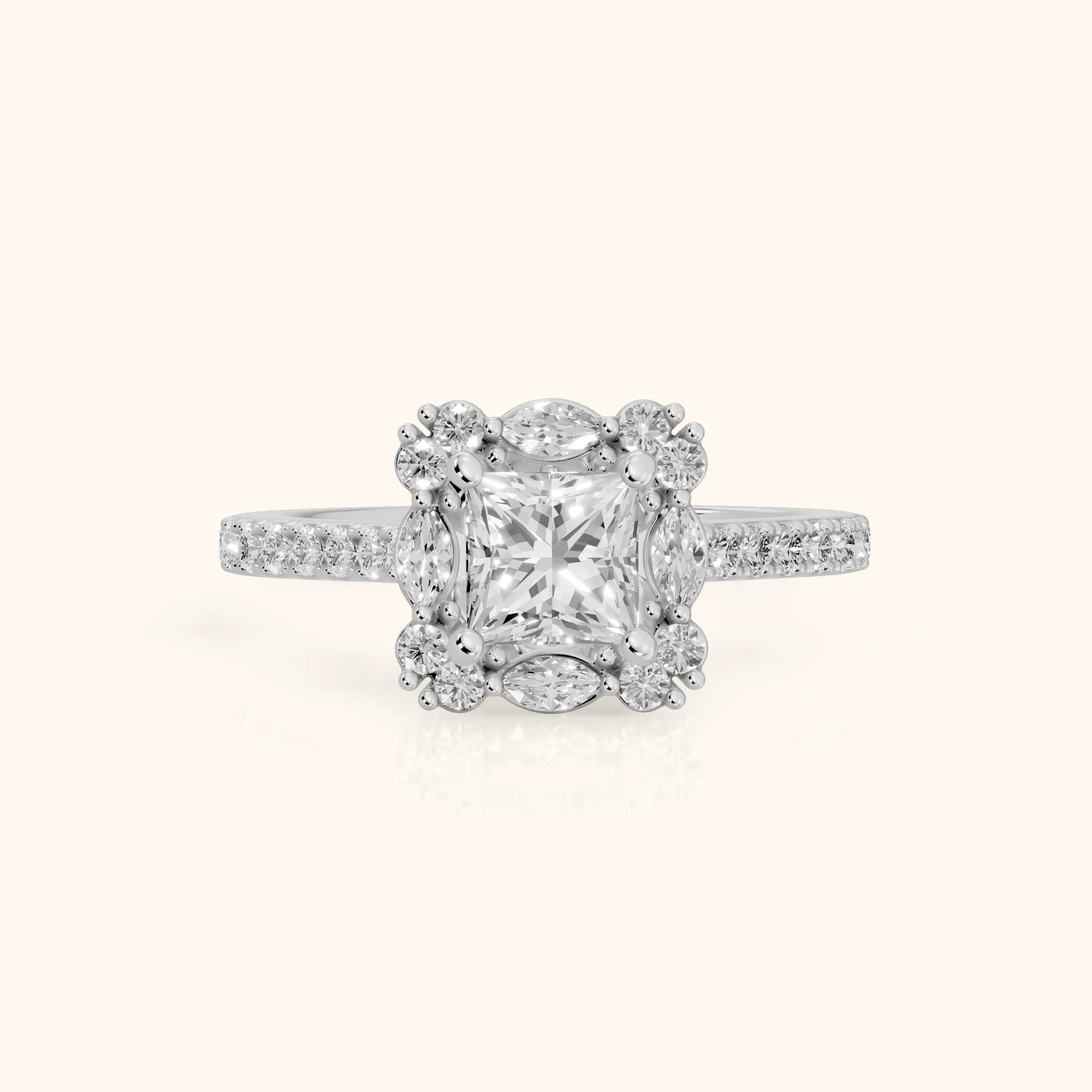 Edina Floral Halo Princess Diamond Engagement Ring in White Gold — view 1