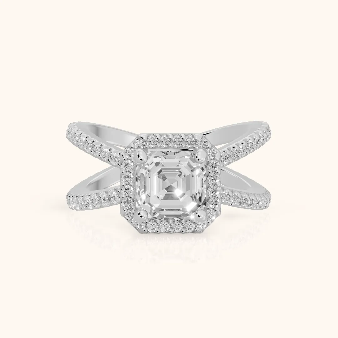 Sparks Crossover Halo Asscher Diamond Engagement Ring in White Gold — view 2