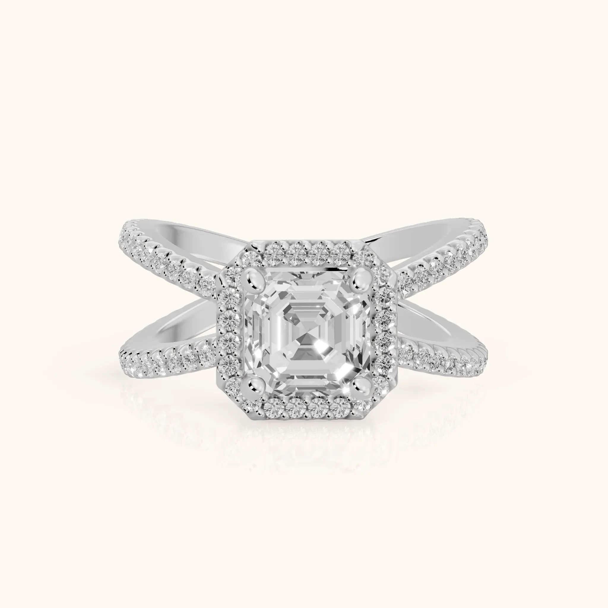 Sparks Crossover Halo Asscher Diamond Engagement Ring in White Gold — view 1
