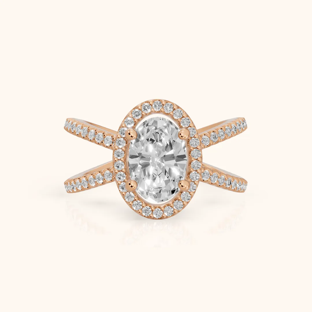 Sparks Crossover Halo Oval Diamond Engagement Ring in Rose Gold — view 2