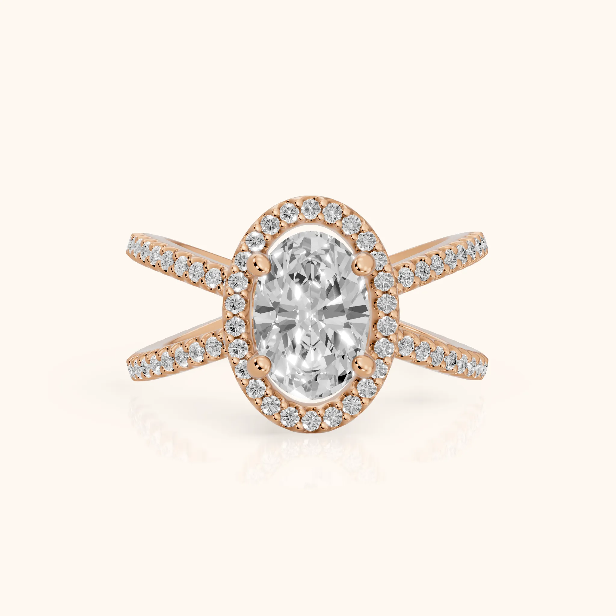 Sparks Crossover Halo Oval Diamond Engagement Ring in Rose Gold — view 1