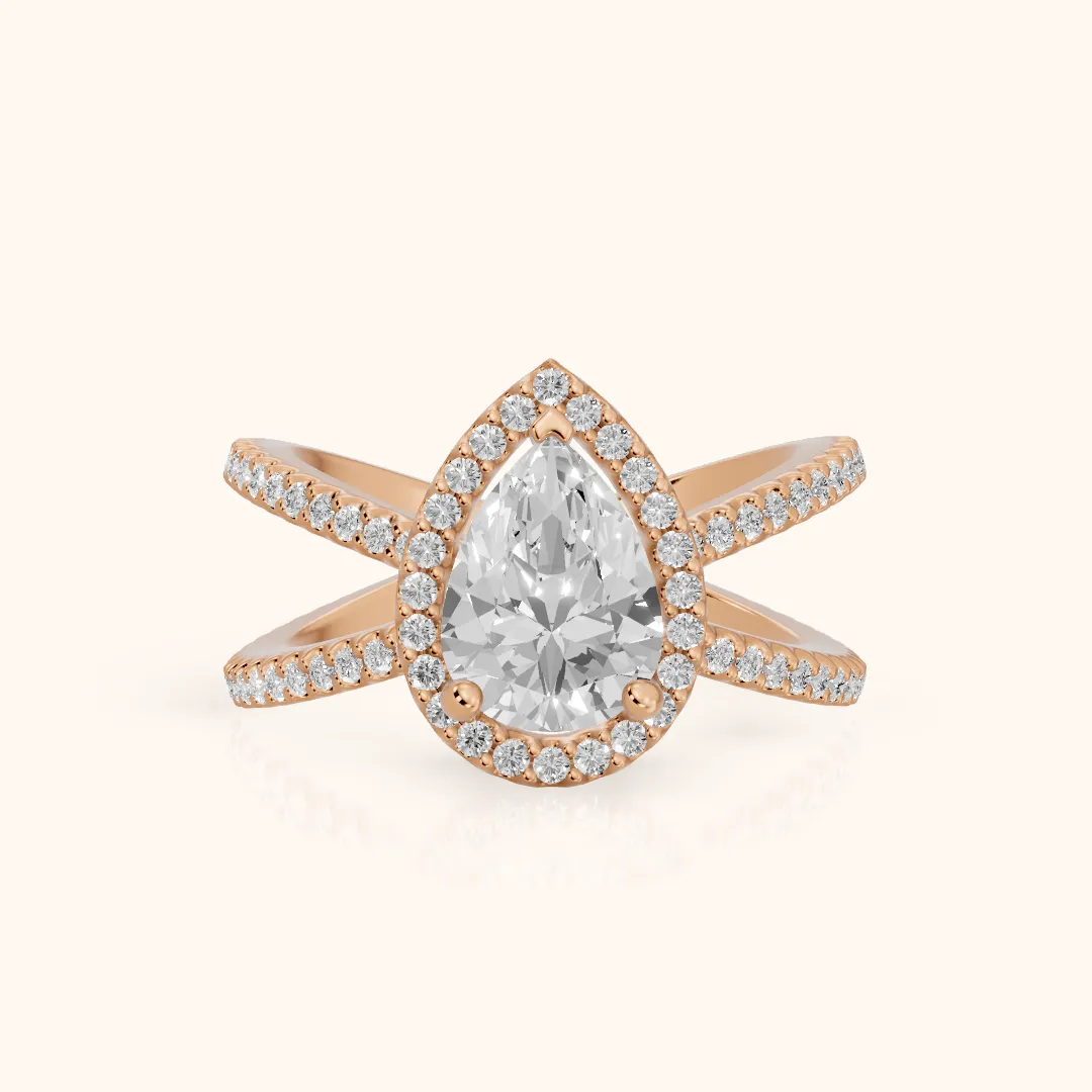 Sparks Crossover Halo Pear Diamond Engagement Ring in Rose Gold — view 2