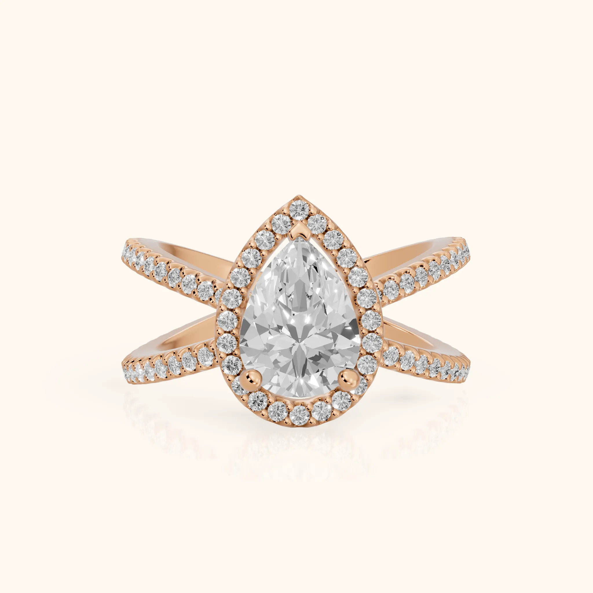 Sparks Crossover Halo Pear Diamond Engagement Ring in Rose Gold — view 1