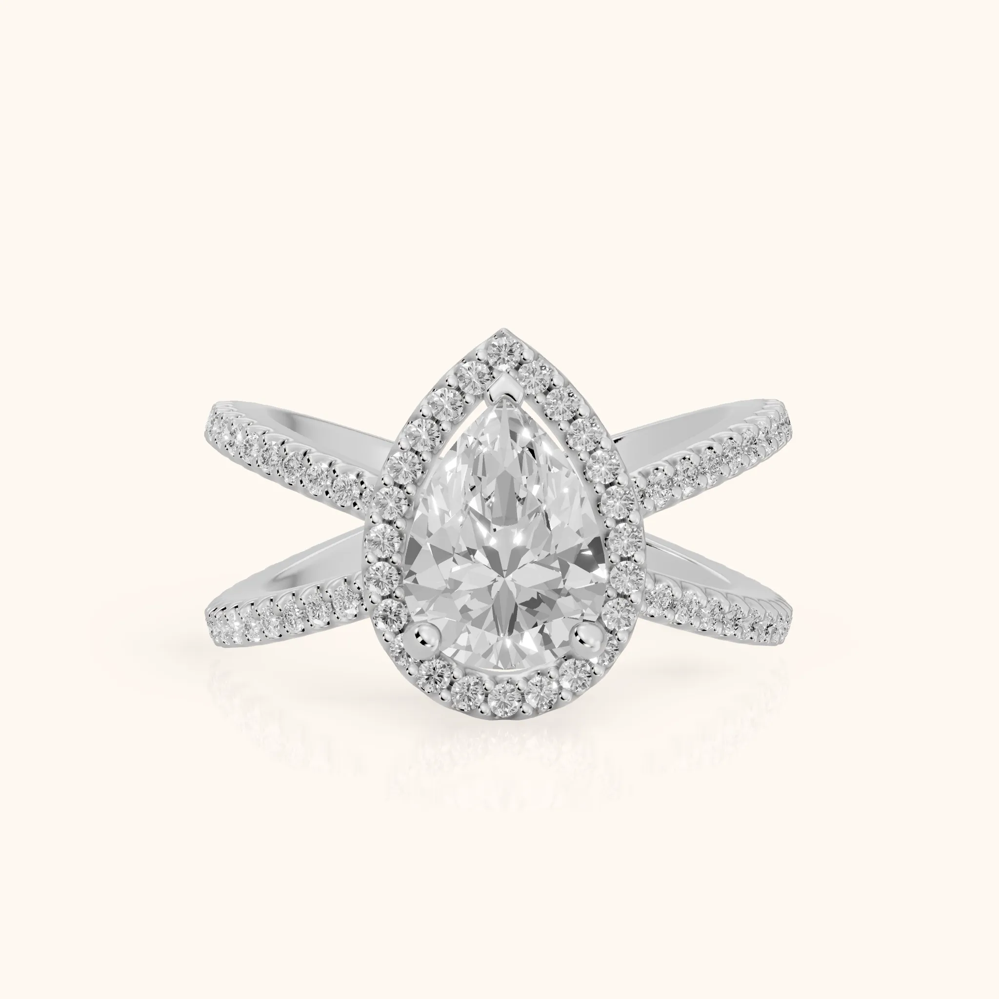 Sparks Crossover Halo Pear Diamond Engagement Ring in Silver — view 1