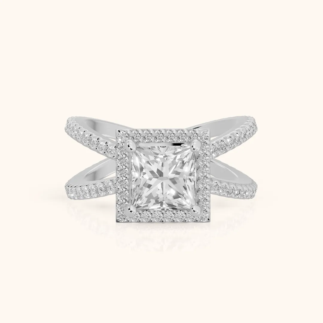 Sparks Crossover Halo Princess Diamond Engagement Ring in White Gold — view 2