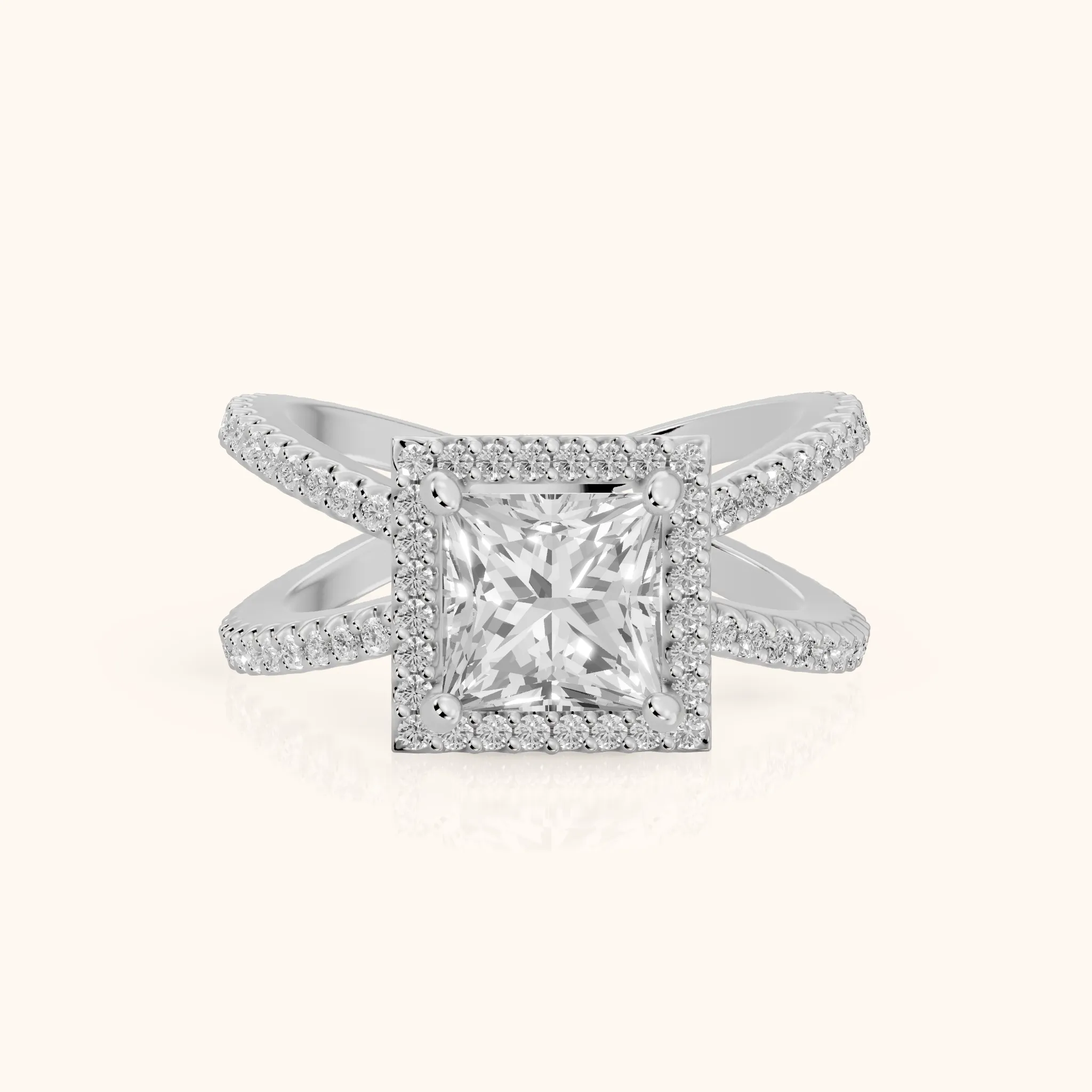 Sparks Crossover Halo Princess Diamond Engagement Ring in White Gold — view 1
