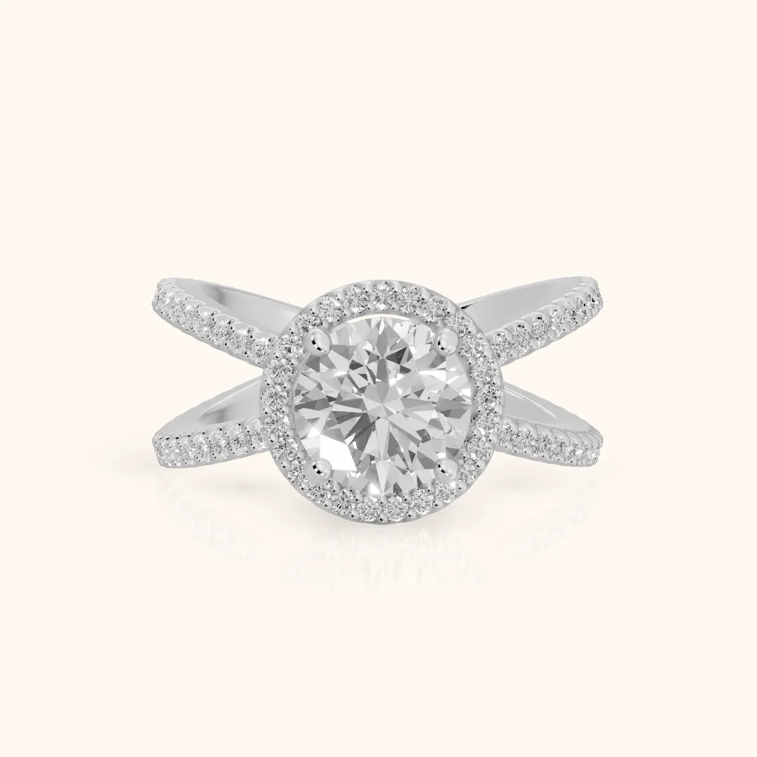 Sparks Crossover Halo Round Diamond Engagement Ring in White Gold — view 2