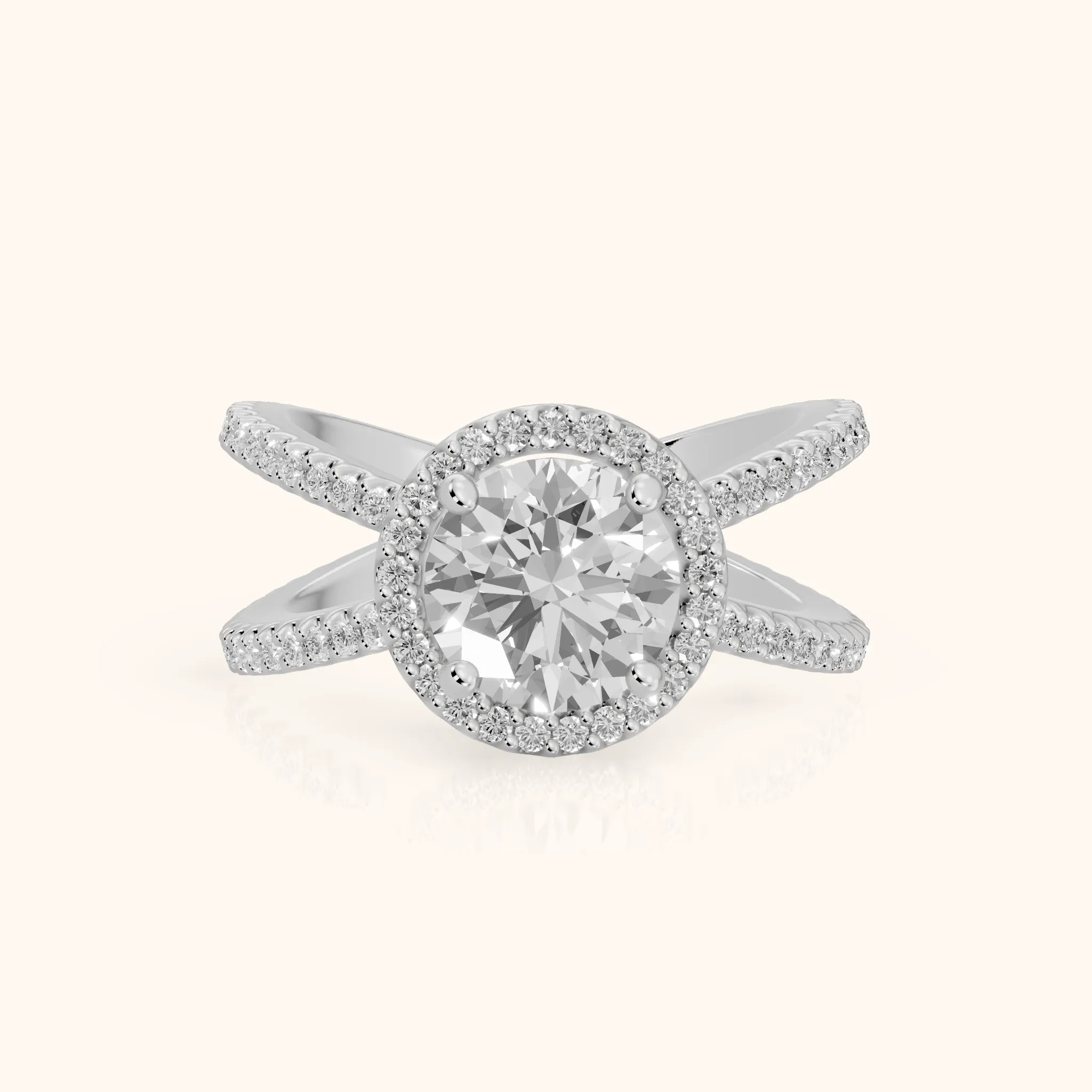 Sparks Crossover Halo Round Diamond Engagement Ring in White Gold — view 1