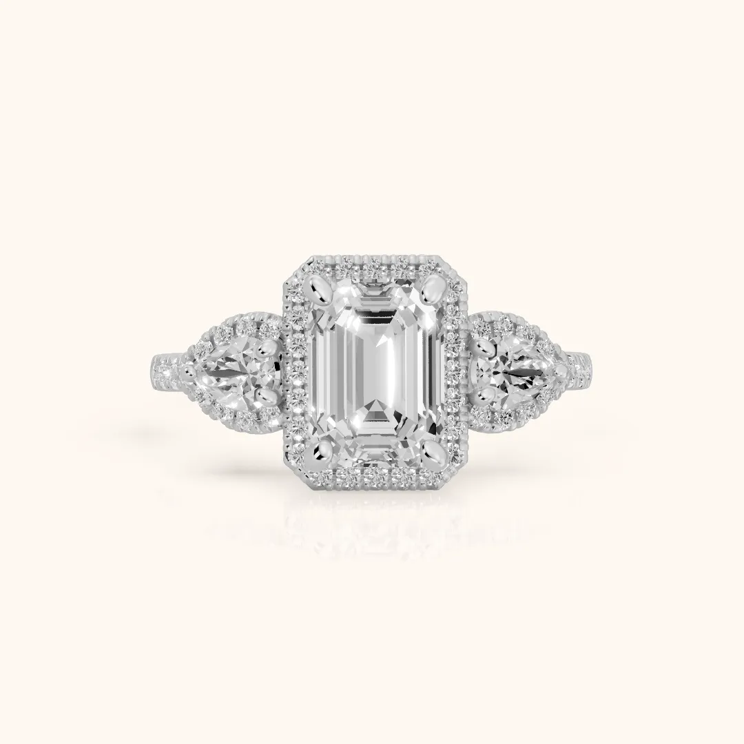 Camden Three-Stone Halo Emerald Diamond Engagement Ring in Silver — view 2