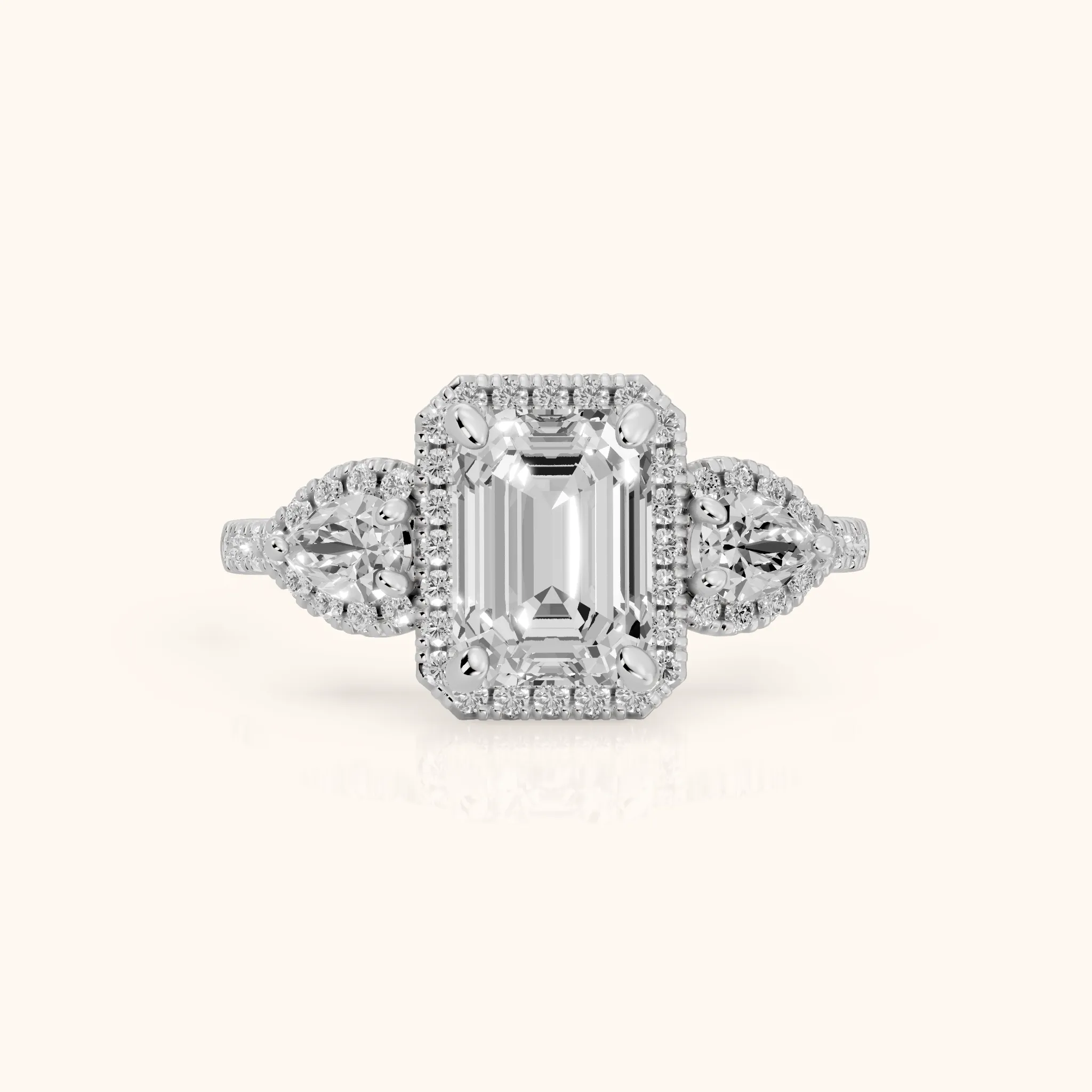 Camden Three-Stone Halo Emerald Diamond Engagement Ring in Silver — view 1