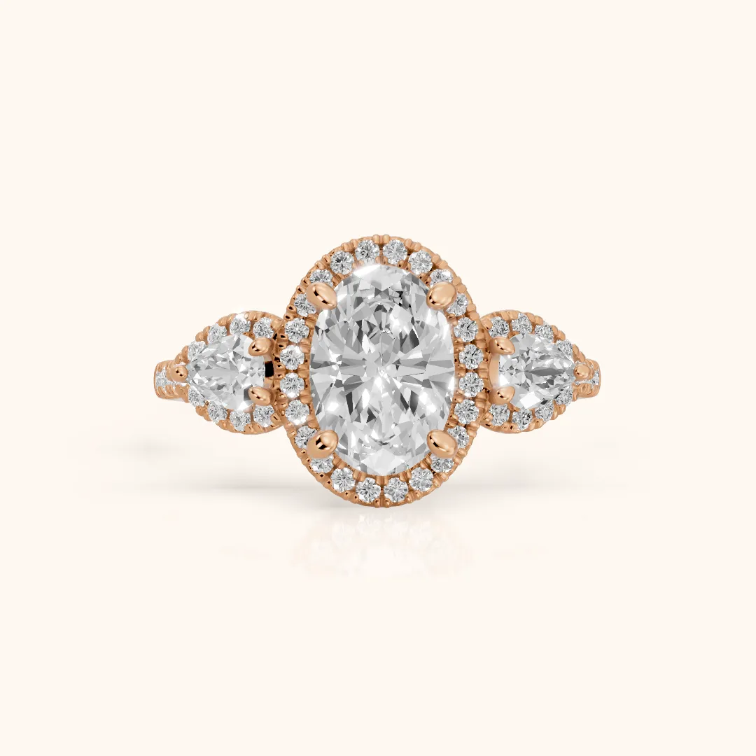 Camden Three-Stone Halo Oval Diamond Engagement Ring in Rose Gold — view 2