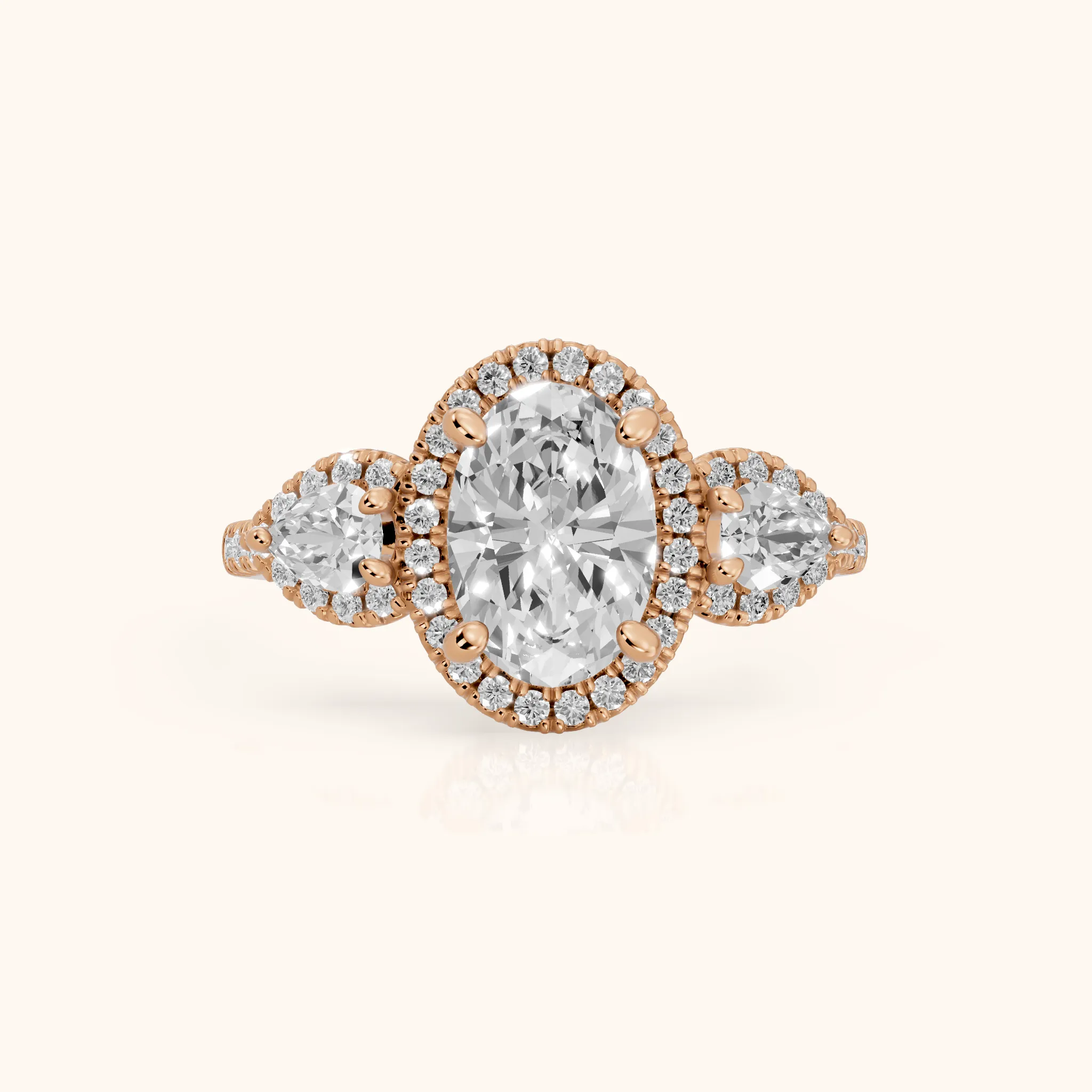 Camden Three-Stone Halo Oval Diamond Engagement Ring in Rose Gold — view 1