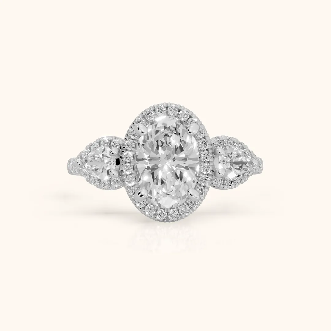 Camden Three-Stone Halo Oval Diamond Engagement Ring in White Gold — view 2
