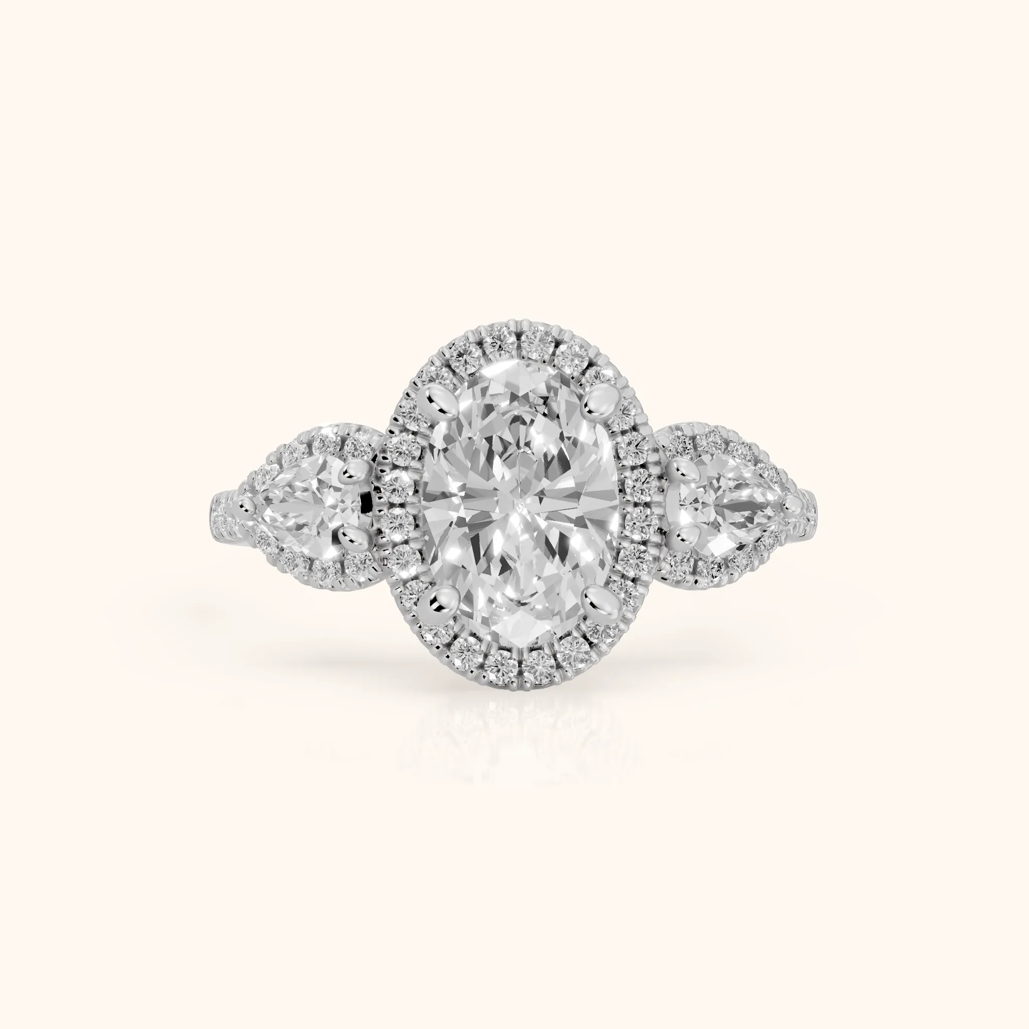 Camden Three-Stone Halo Oval Diamond Engagement Ring in White Gold — view 1