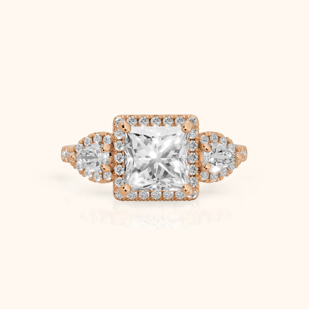 Camden Three-Stone Halo Princess Diamond Engagement Ring in Rose Gold — view 2