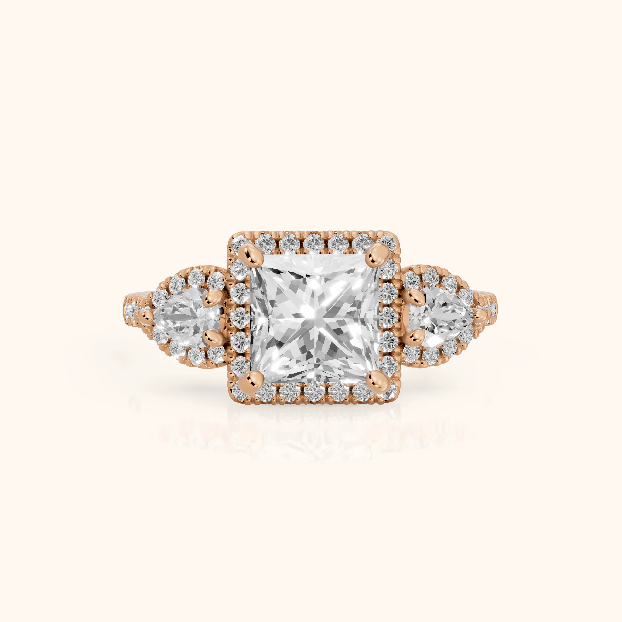 Camden Three-Stone Halo Princess Diamond Engagement Ring in Rose Gold — view 1
