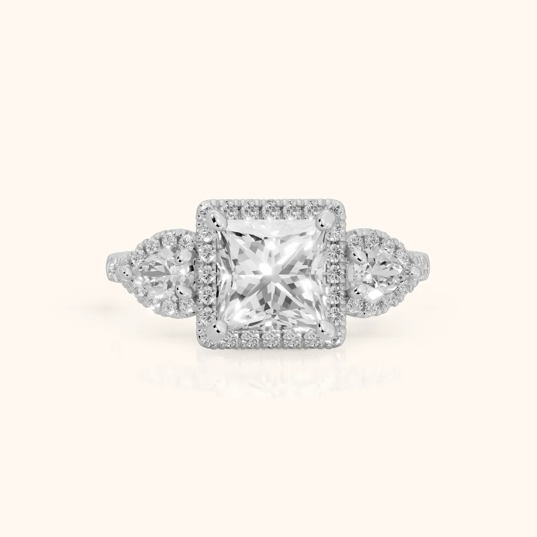 Camden Three-Stone Halo Princess Diamond Engagement Ring in Platinum — view 2