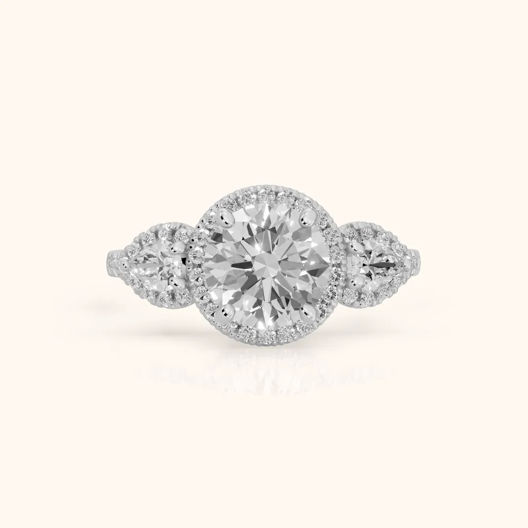 Camden Three-Stone Halo Round Diamond Engagement Ring in White Gold — view 2