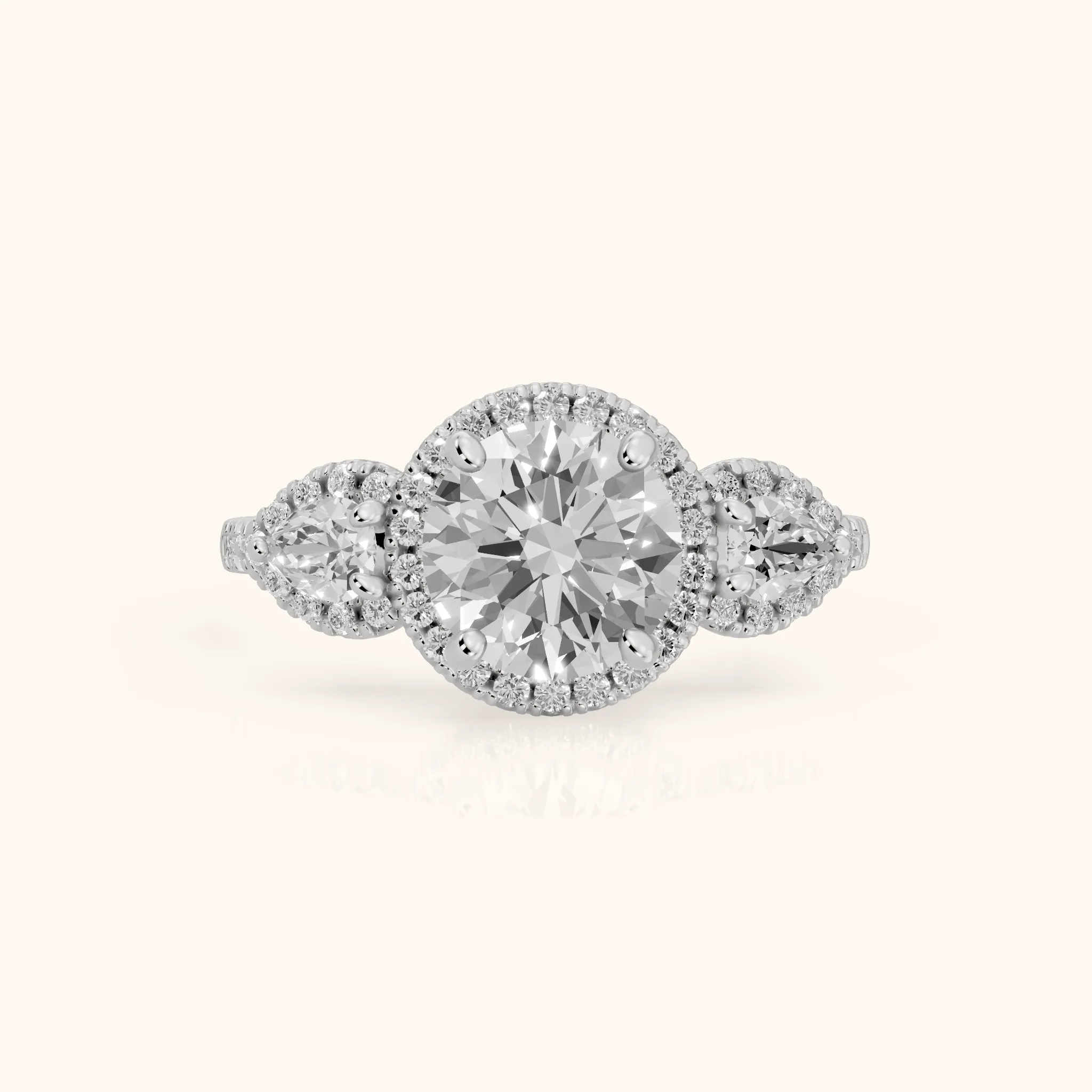 Camden Three-Stone Halo Round Diamond Engagement Ring in White Gold — view 1