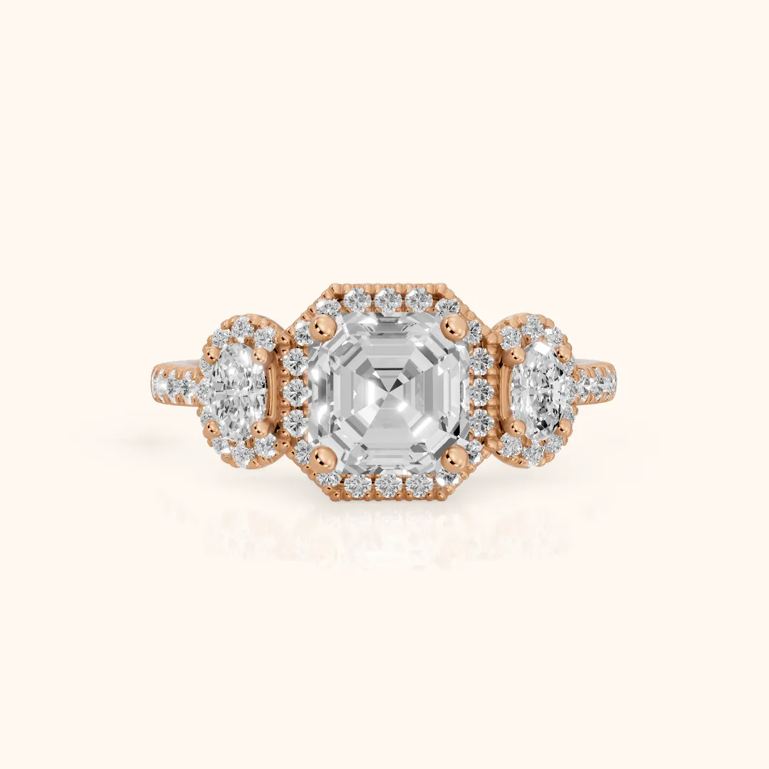 Austin Three-Stone Halo Asscher Diamond Engagement Ring in Rose Gold — view 2