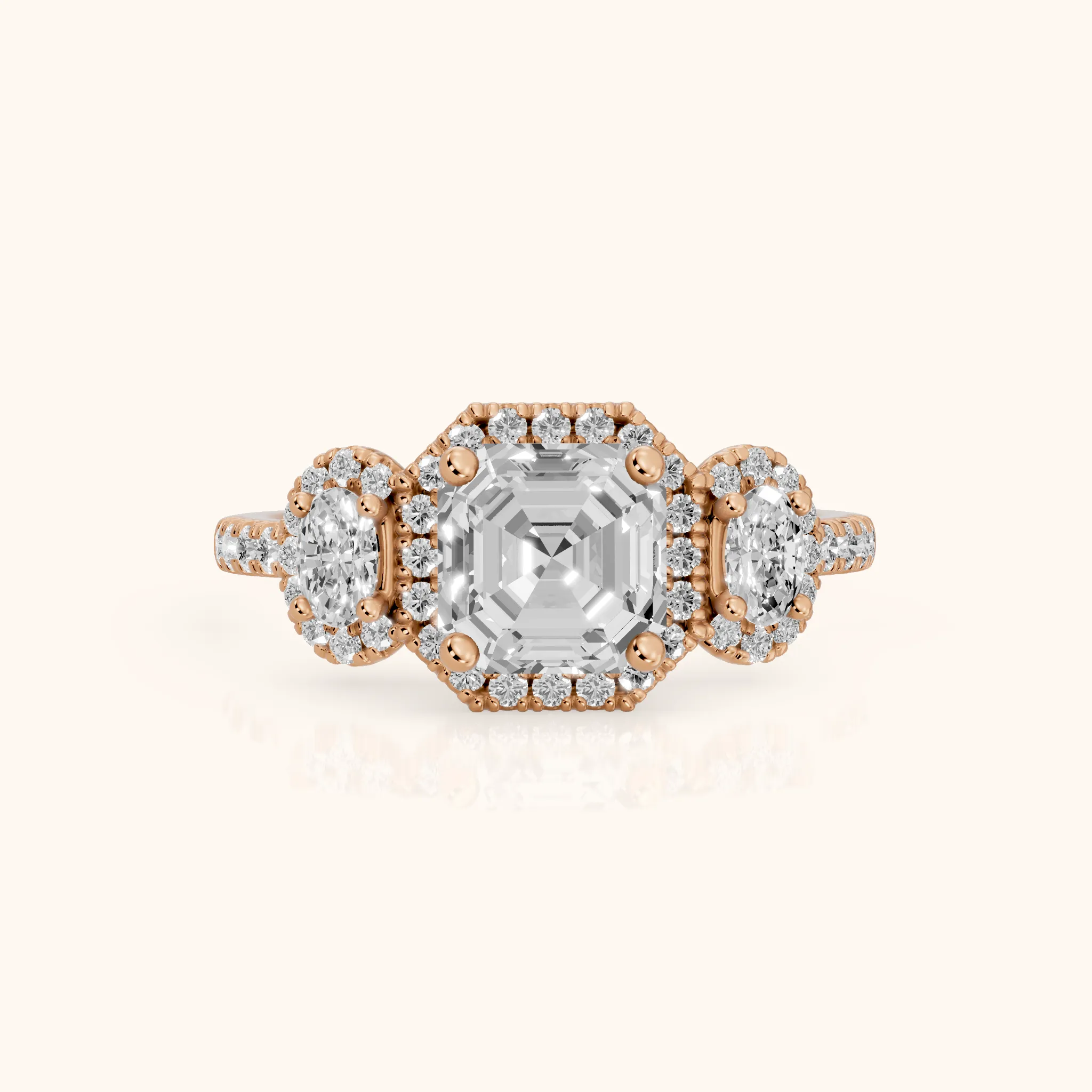 Austin Three-Stone Halo Asscher Diamond Engagement Ring in Rose Gold — view 1