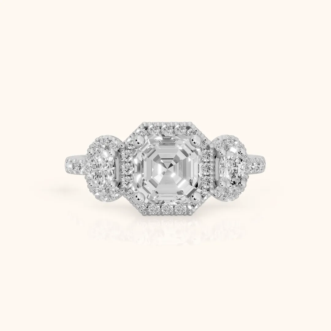 Austin Three-Stone Halo Asscher Diamond Engagement Ring in Platinum — view 2