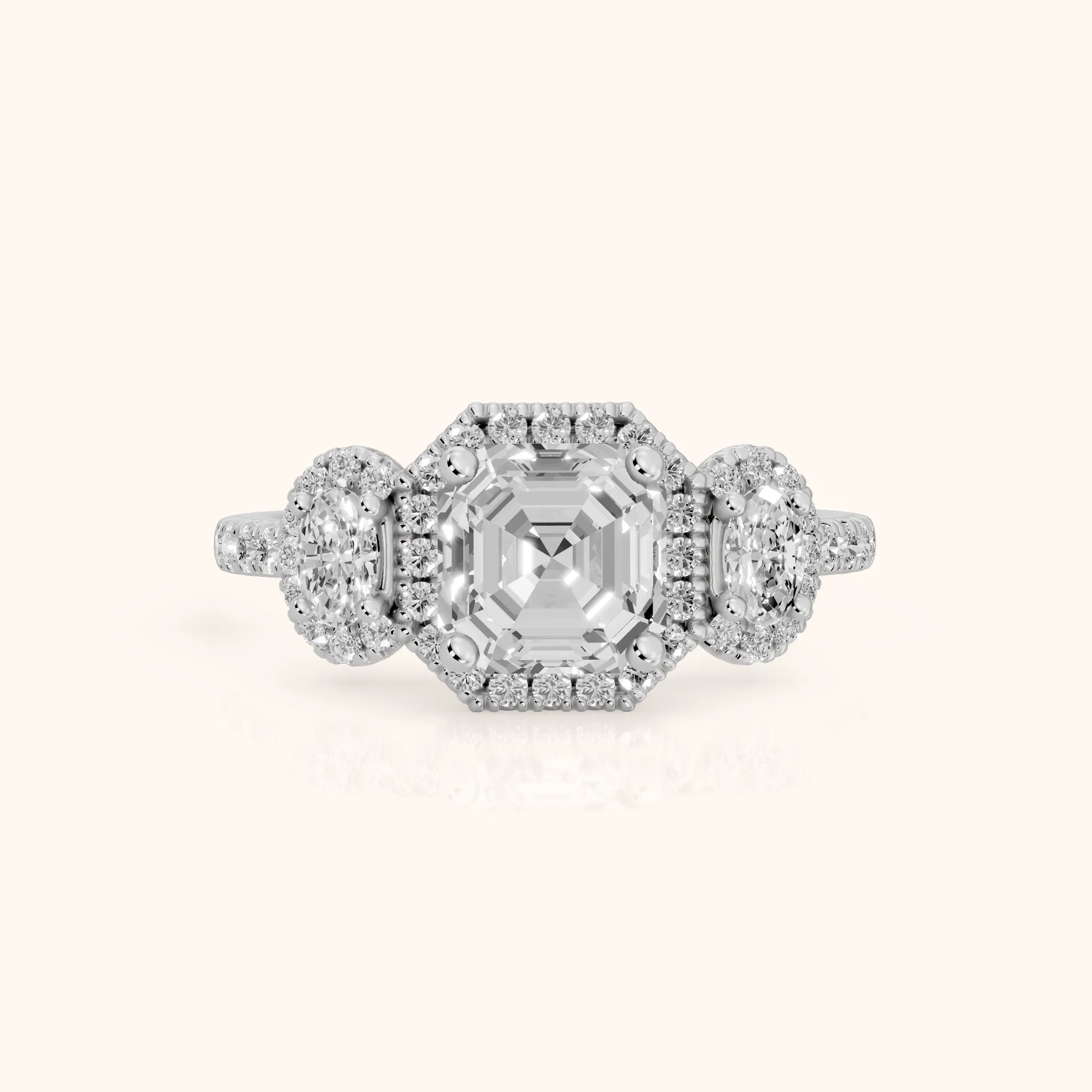 Austin Three-Stone Halo Asscher Diamond Engagement Ring in Platinum — view 1