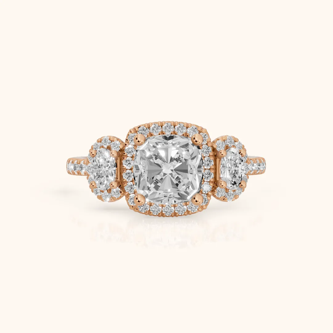 Austin Three-Stone Halo Cushion Diamond Engagement Ring in Rose Gold — view 2