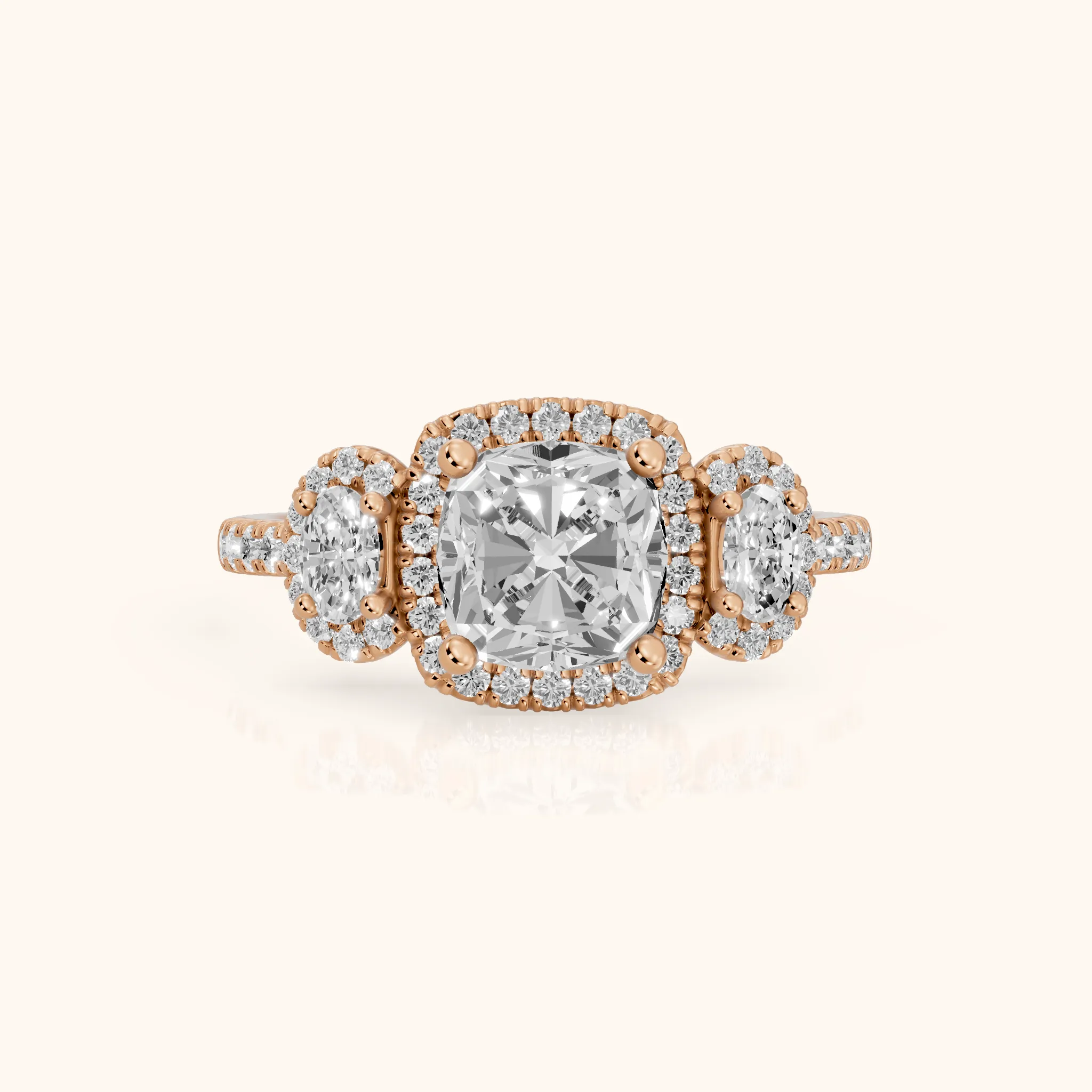 Austin Three-Stone Halo Cushion Diamond Engagement Ring in Rose Gold — view 1