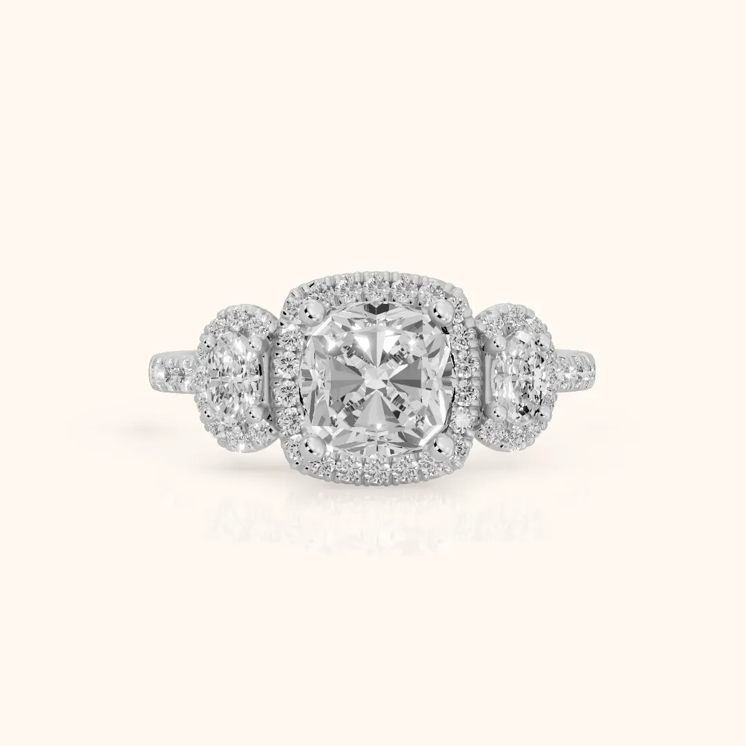 Austin Three-Stone Halo Cushion Diamond Engagement Ring in Platinum — view 2