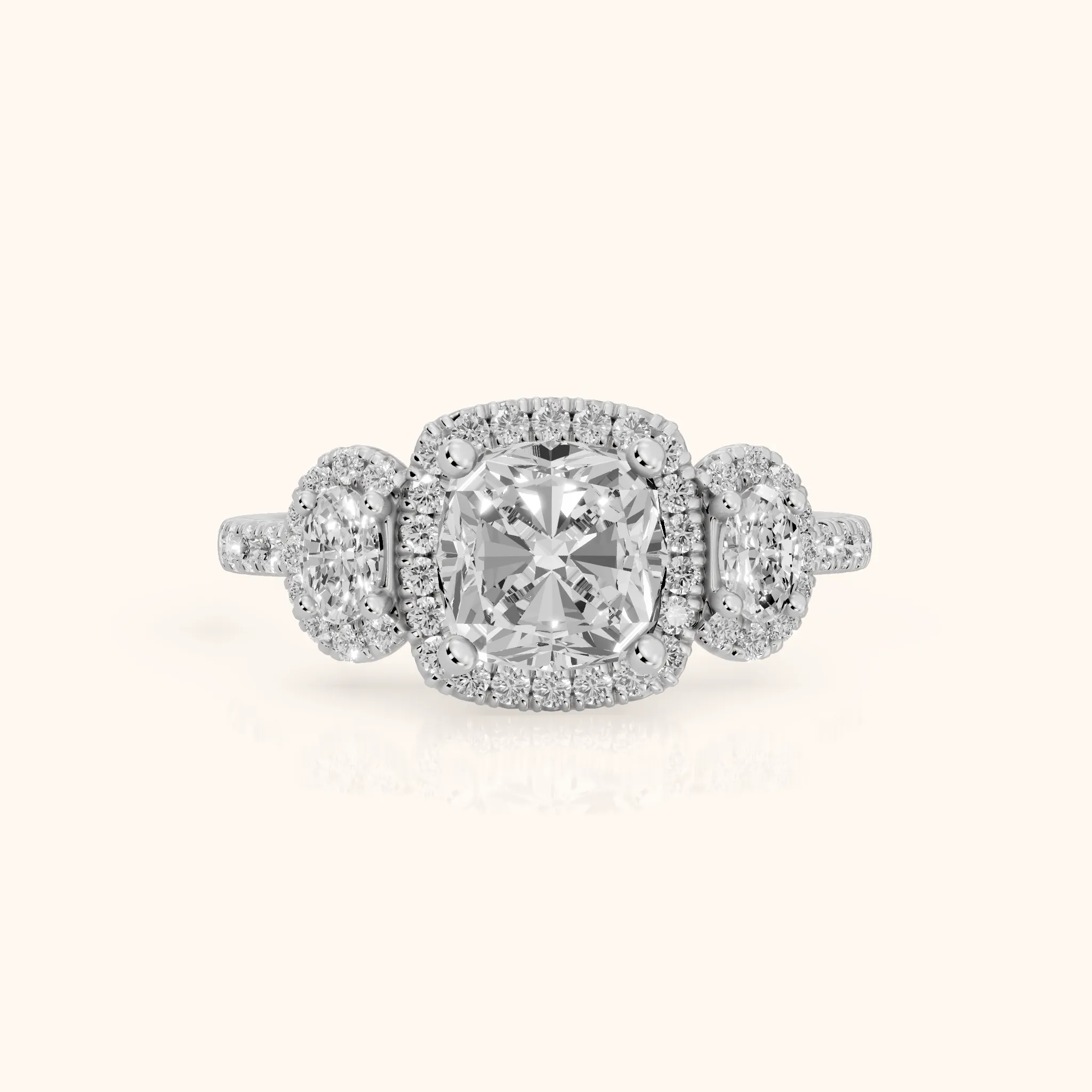 Austin Three-Stone Halo Cushion Diamond Engagement Ring in Platinum — view 1