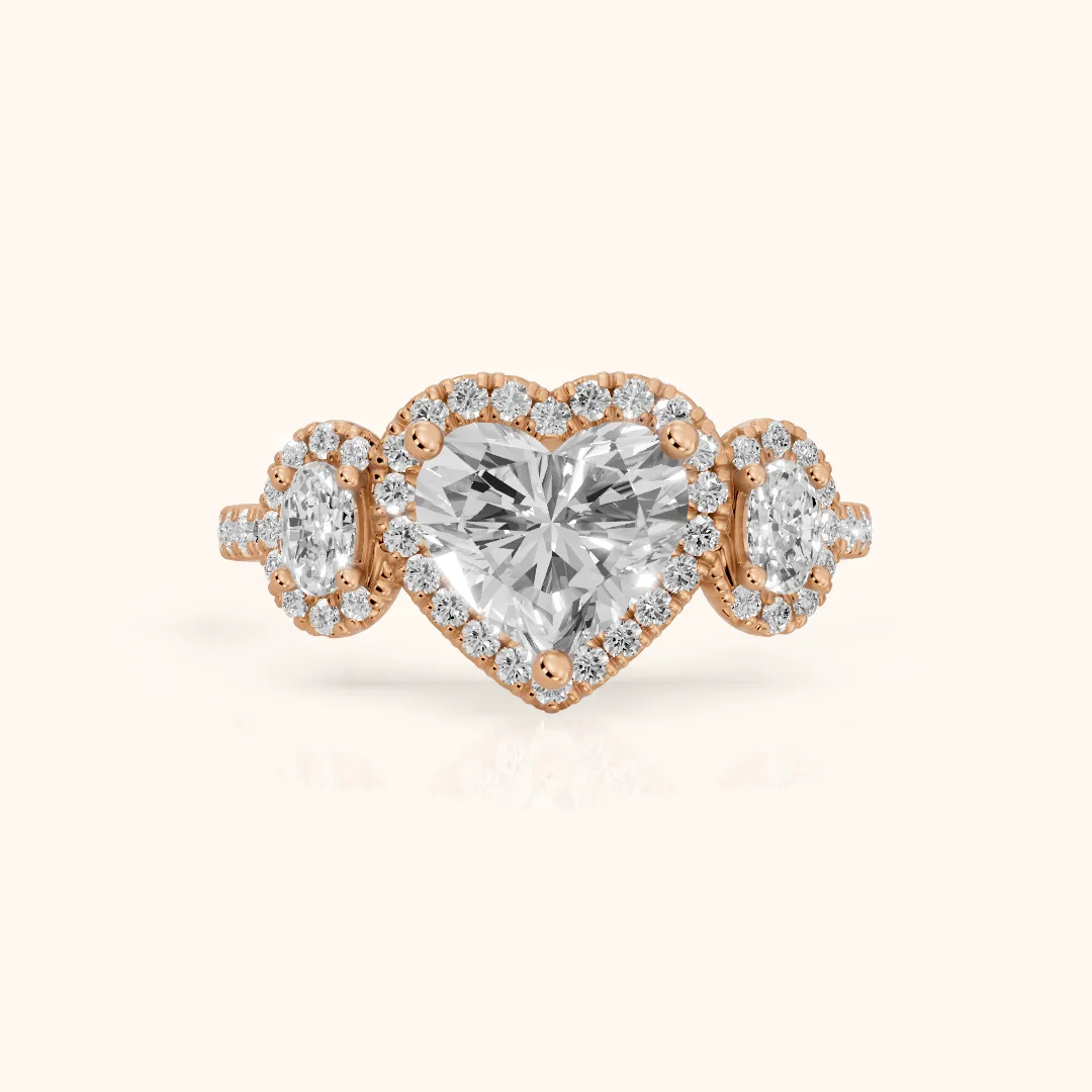 Austin Three-Stone Halo Heart Diamond Engagement Ring in Rose Gold — view 2