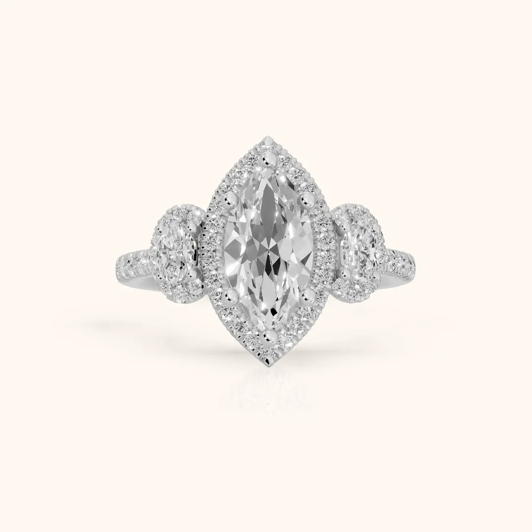 Austin Three-Stone Halo Marquise Diamond Engagement Ring in White Gold — view 2