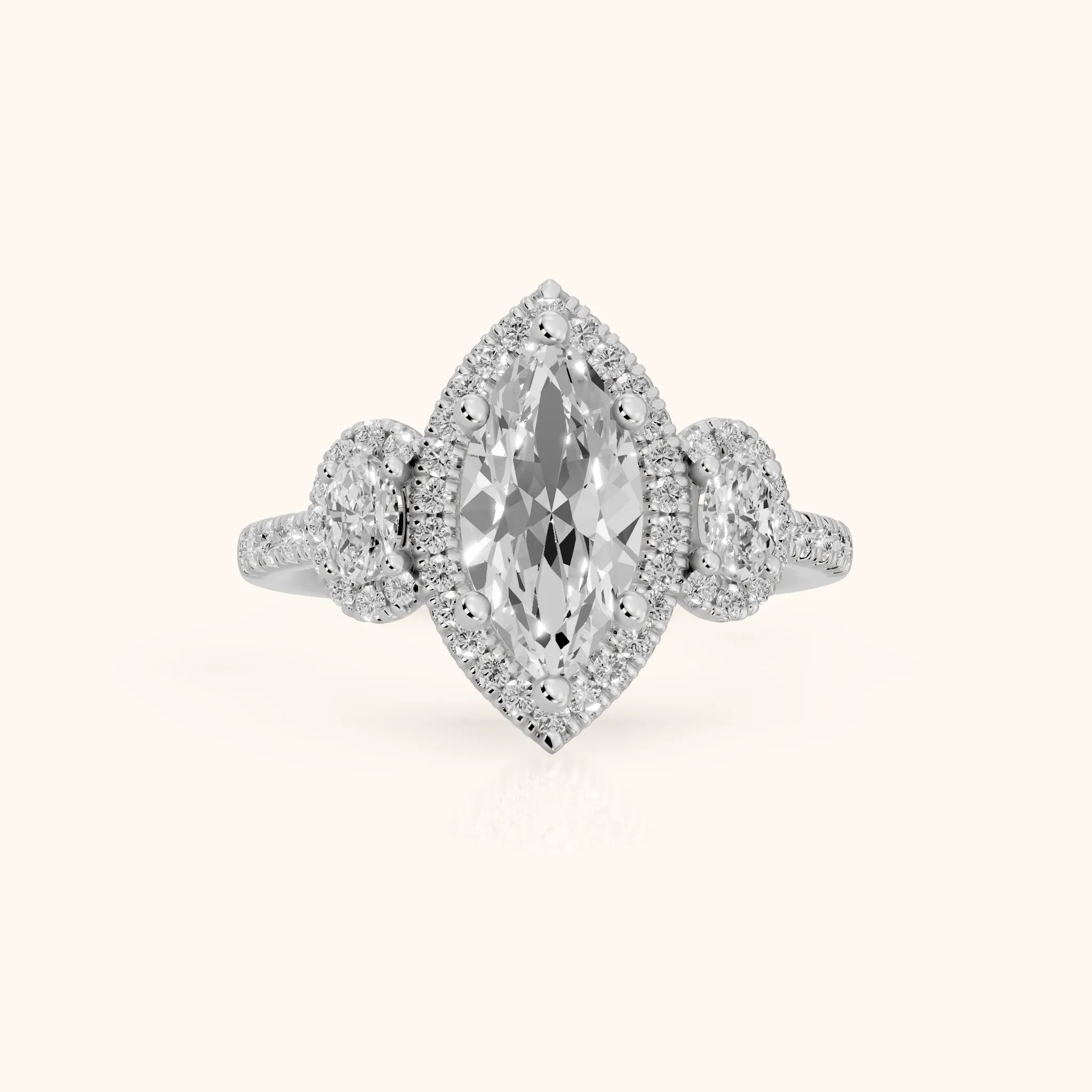 Austin Three-Stone Halo Marquise Diamond Engagement Ring in White Gold — view 1