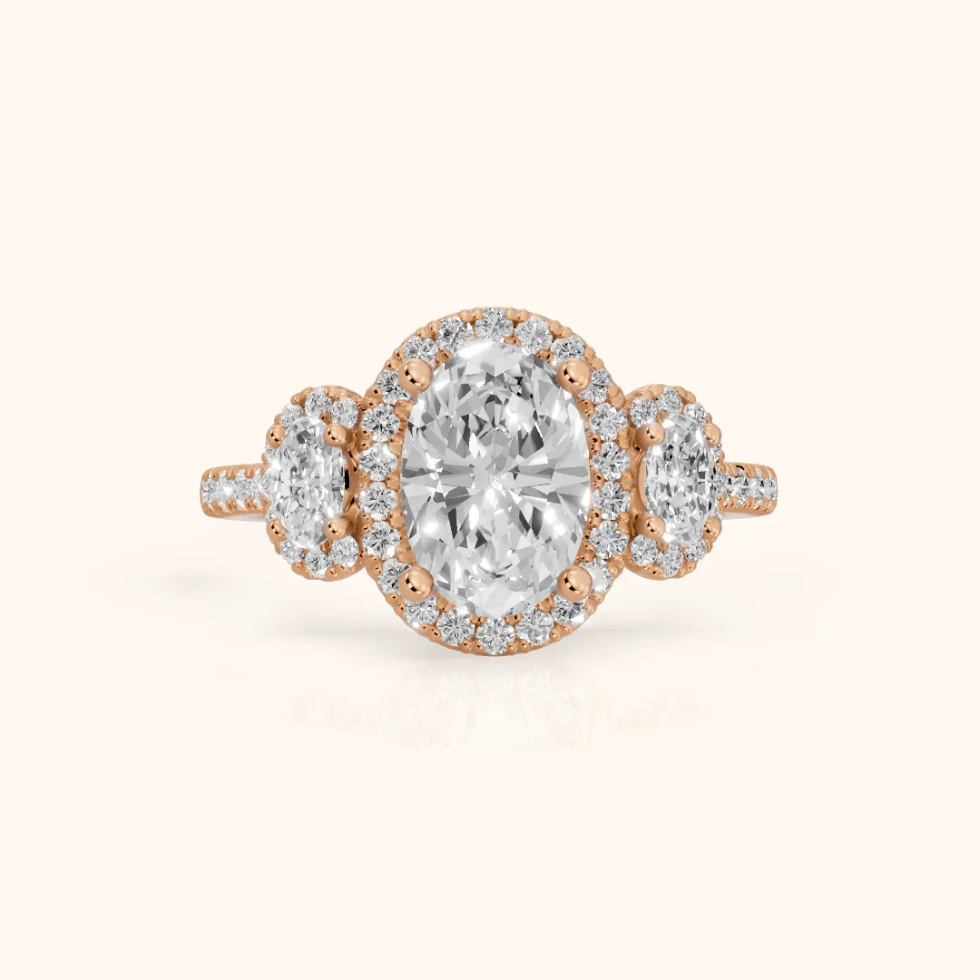 Austin Three-Stone Halo Oval Diamond Engagement Ring in Rose Gold — view 2