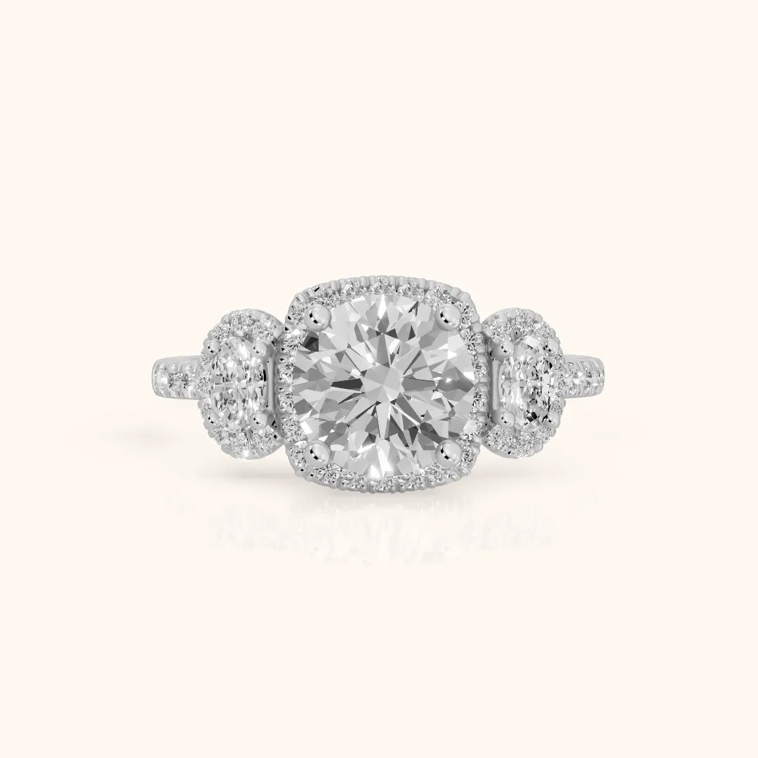 Austin Three-Stone Halo Round Diamond Engagement Ring in Silver — view 2