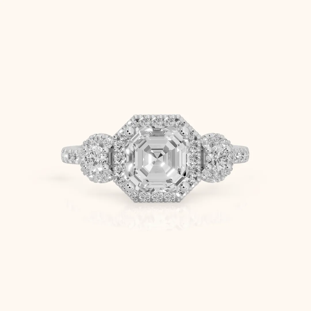Denver Three-Stone Halo Asscher Diamond Engagement Ring in Silver — view 2