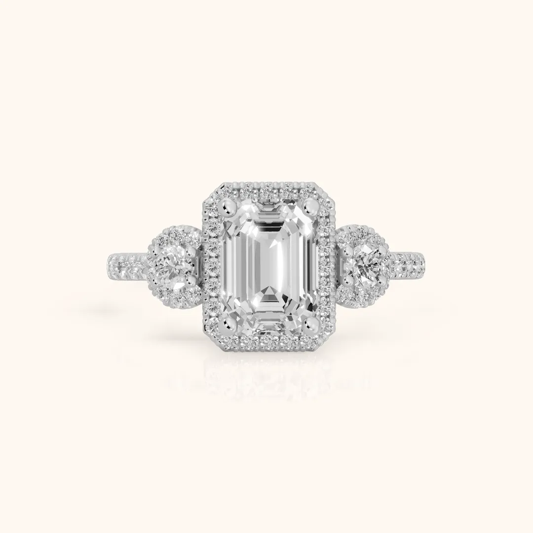 Denver Three-Stone Halo Emerald Diamond Engagement Ring in Silver — view 2
