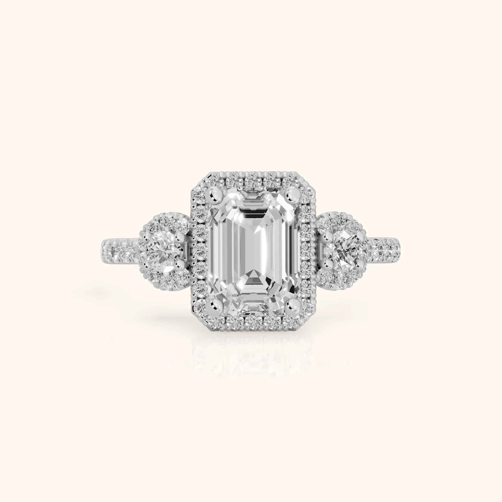 Denver Three-Stone Halo Emerald Diamond Engagement Ring in Silver — view 1
