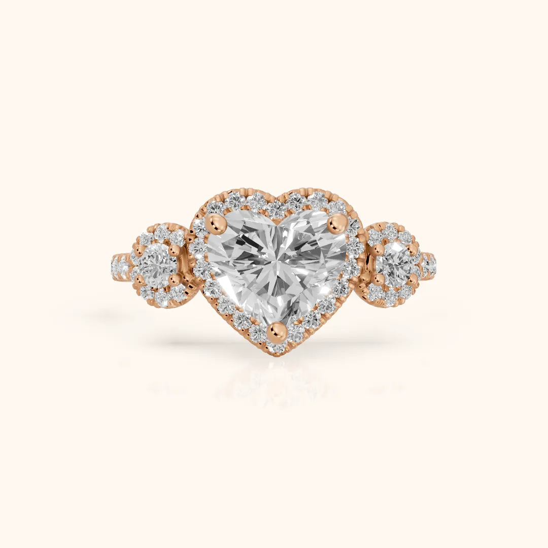Denver Three-Stone Halo Heart Diamond Engagement Ring in Rose Gold — view 2